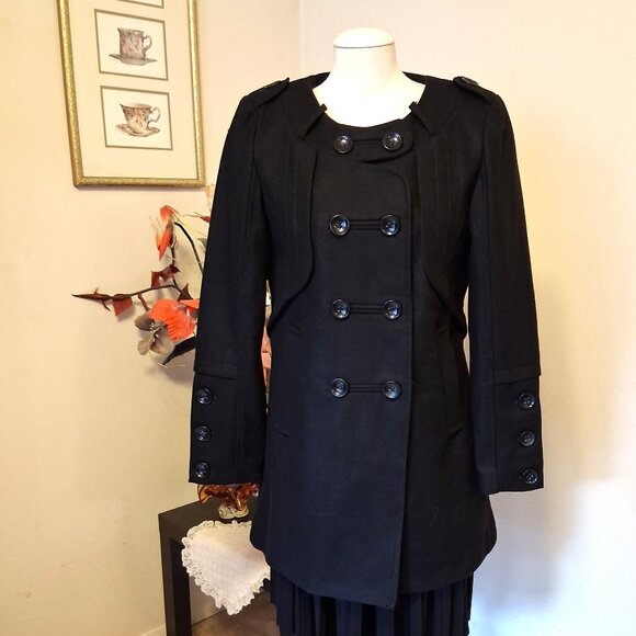 NWT 2 Two Women's Black Double Breasted Wool Blend Lined Winter Pea Coat - Picture 1 of 15
